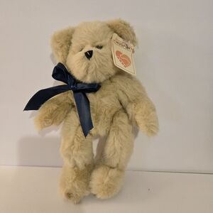 Hug Fun Int'l 12" Jointed Beige Bear Plush Stuffed Animal Blue Bow Tag on Ear